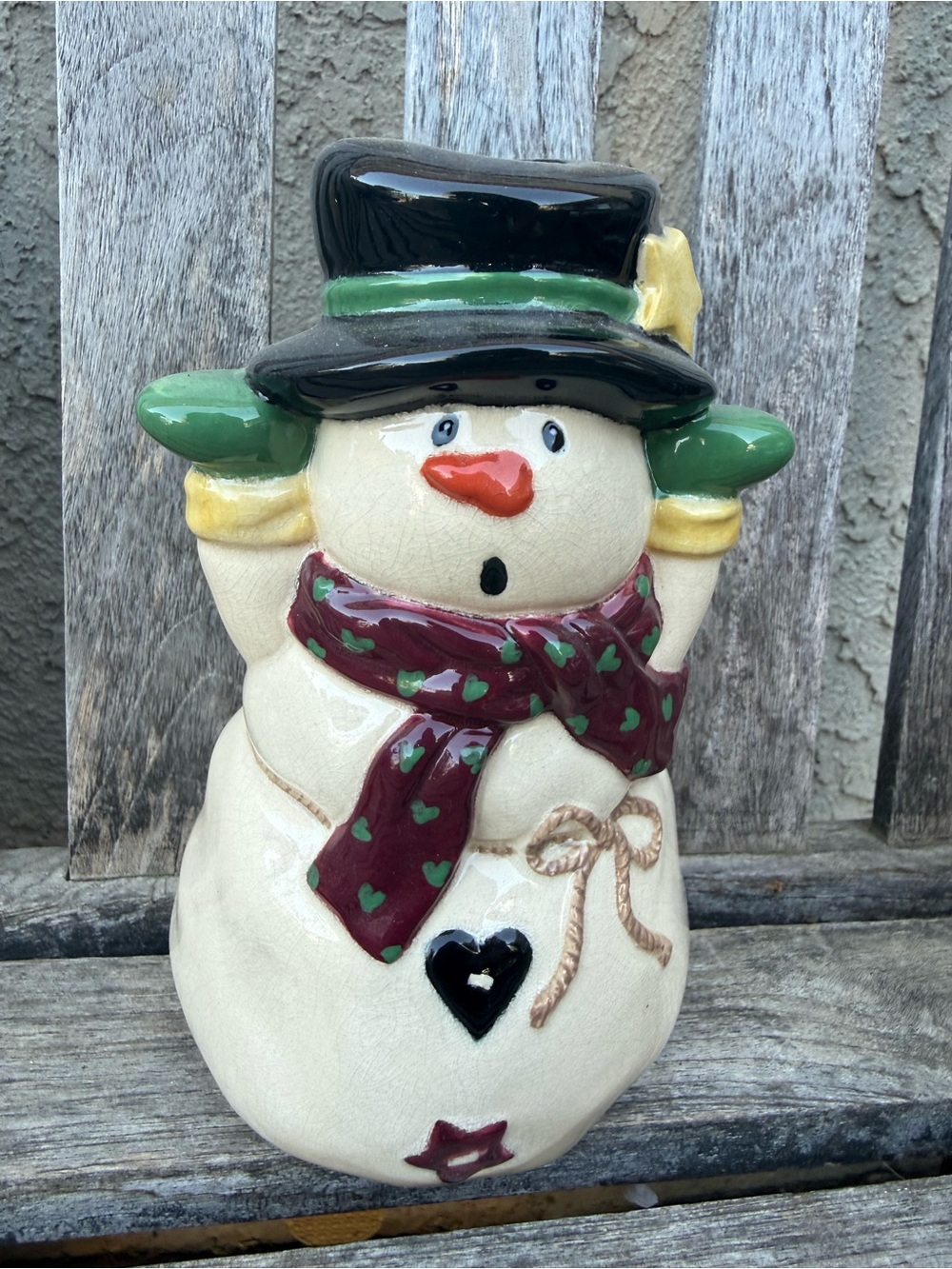 Festive Ceramic Snowman Figurine with Black Hat and Green Mittens